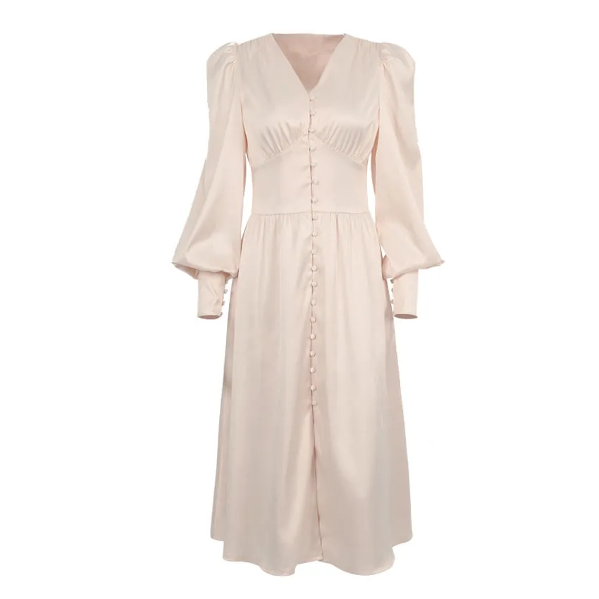 Lantern Bubble Sleeve Satin Midi Dresses