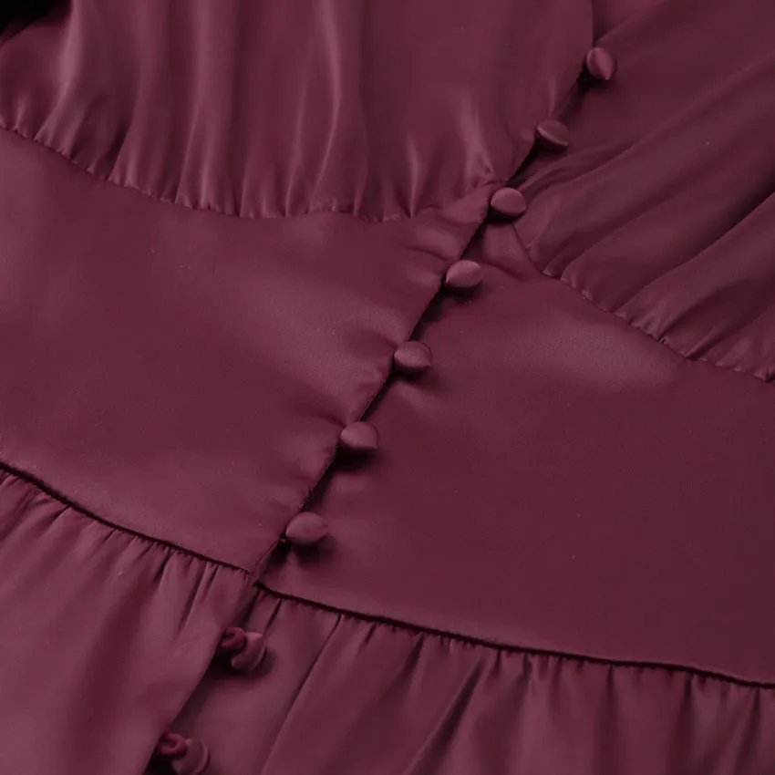 Lantern Bubble Sleeve Satin Midi Dresses
