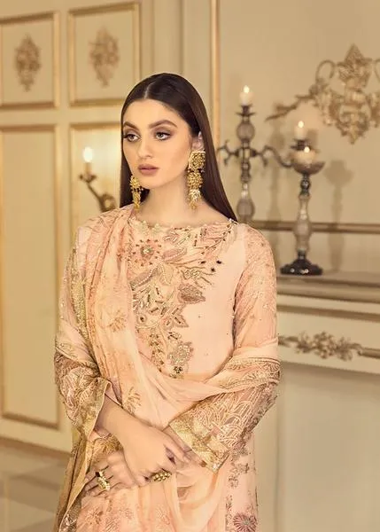 Latest Chiffon embroidered Pakistani Eid wear 2020 in peach color # P2482