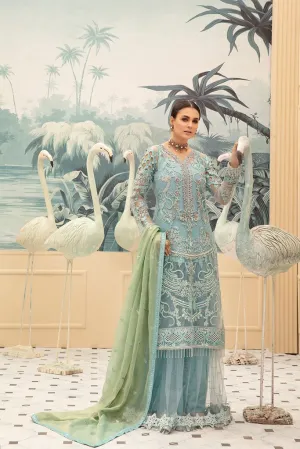 Latest embroidered net eid dress online in elegant blue color # E2215