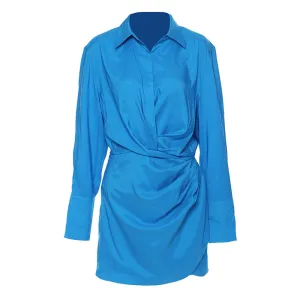 Lavish Collared V Neck Crystal Accent Long Sleeve Draped Waist Mini Shirt Dress