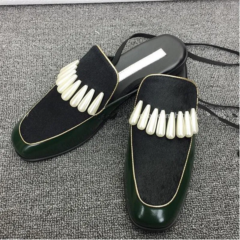 Leather Horsehair Pactkwork Ankle Strappy Sexy Women Sandals Pearl Flat Lace Up Mules Slip-On Women Slipper Shoes