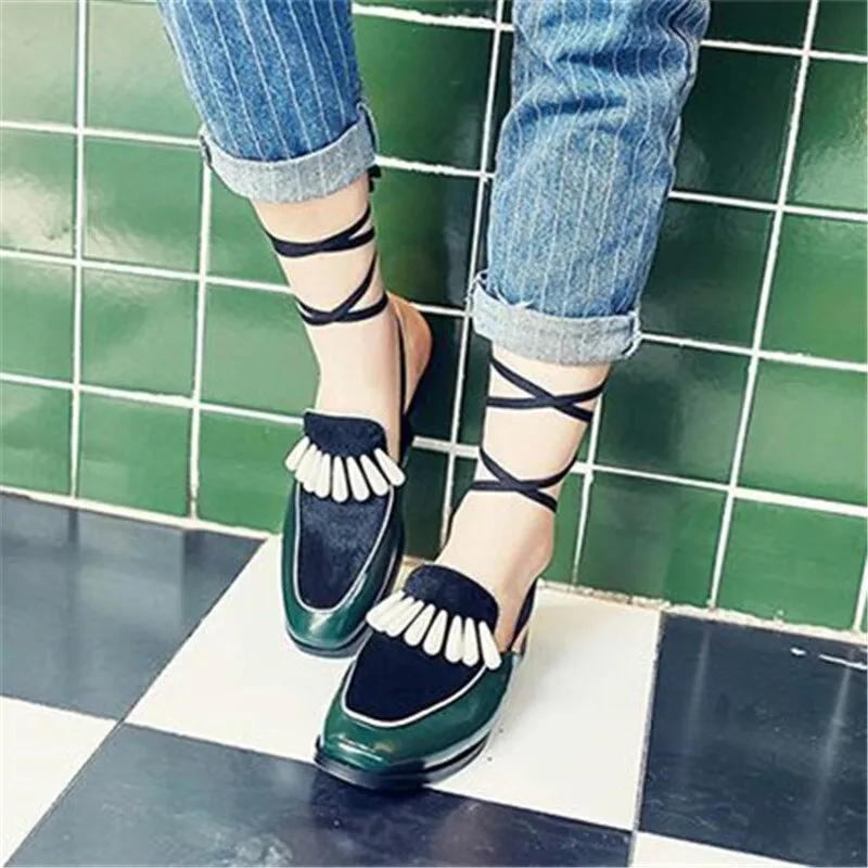 Leather Horsehair Pactkwork Ankle Strappy Sexy Women Sandals Pearl Flat Lace Up Mules Slip-On Women Slipper Shoes