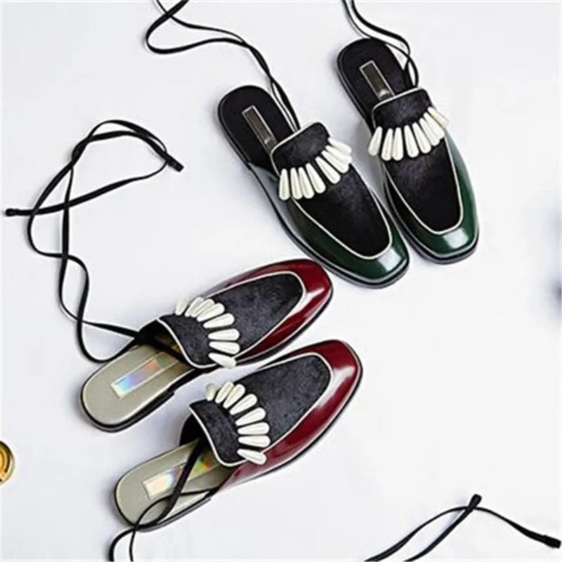 Leather Horsehair Pactkwork Ankle Strappy Sexy Women Sandals Pearl Flat Lace Up Mules Slip-On Women Slipper Shoes