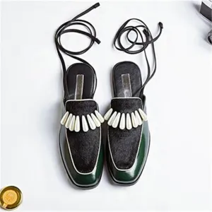 Leather Horsehair Pactkwork Ankle Strappy Sexy Women Sandals Pearl Flat Lace Up Mules Slip-On Women Slipper Shoes