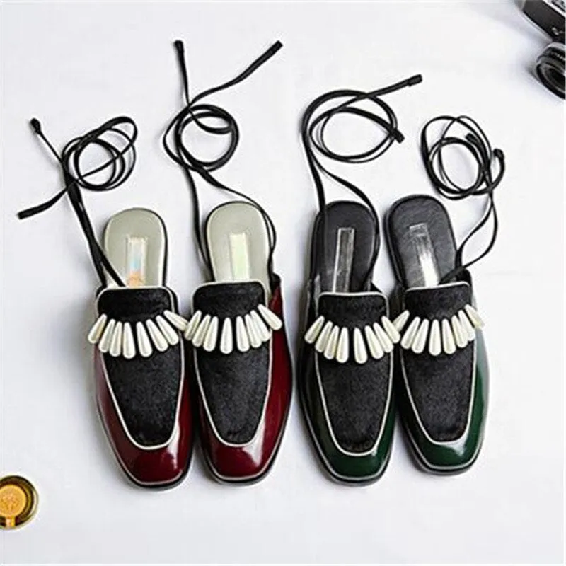 Leather Horsehair Pactkwork Ankle Strappy Sexy Women Sandals Pearl Flat Lace Up Mules Slip-On Women Slipper Shoes