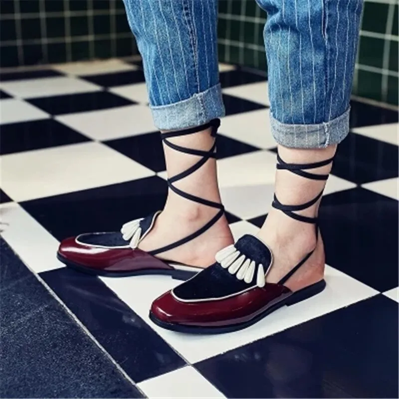 Leather Horsehair Pactkwork Ankle Strappy Sexy Women Sandals Pearl Flat Lace Up Mules Slip-On Women Slipper Shoes