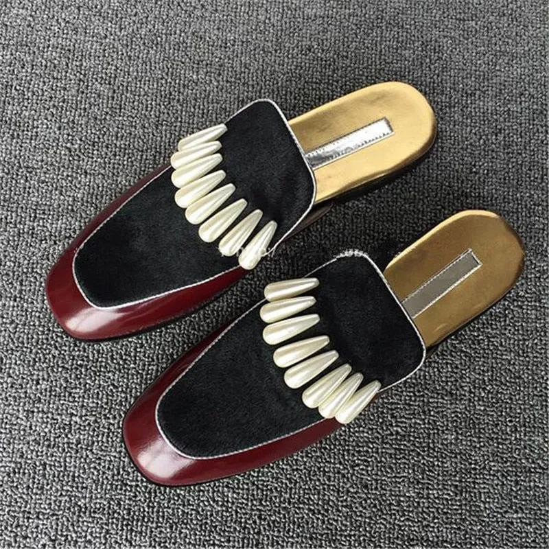 Leather Horsehair Pactkwork Ankle Strappy Sexy Women Sandals Pearl Flat Lace Up Mules Slip-On Women Slipper Shoes