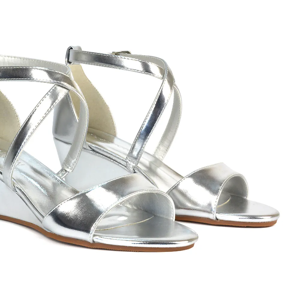 Lily Wedge Heel Ankle Strap Summer Holiday Sandals in Black Faux Suede