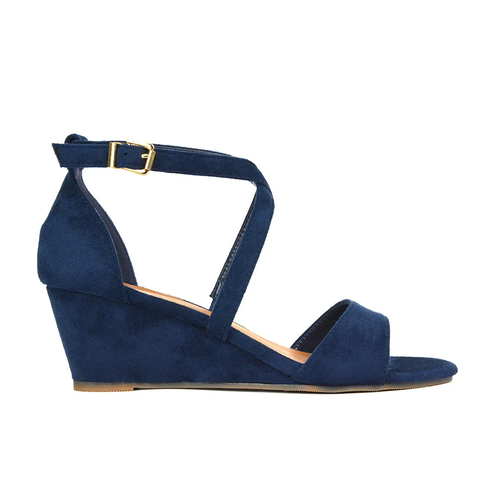 Lily Wedge Heel Ankle Strap Summer Holiday Sandals in Black Faux Suede