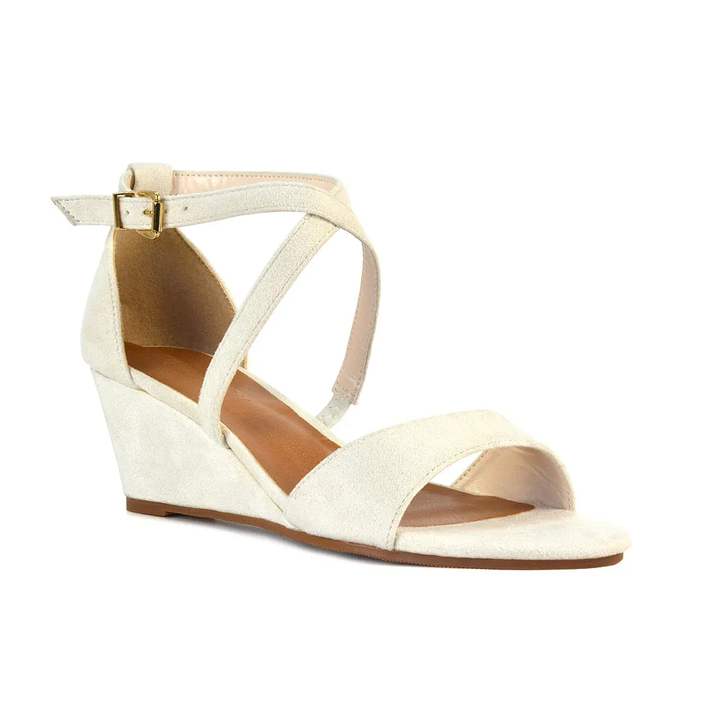 Lily Wedge Heel Ankle Strap Summer Holiday Sandals in Black Faux Suede