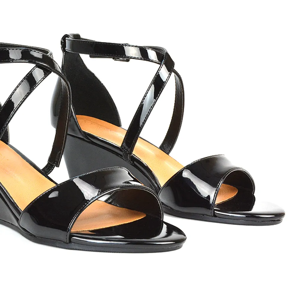 Lily Wedge Heel Ankle Strap Summer Holiday Sandals in Black Faux Suede