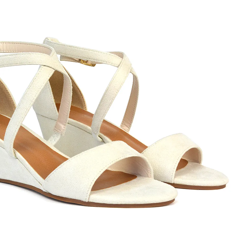 Lily Wedge Heel Ankle Strap Summer Holiday Sandals in Black Faux Suede