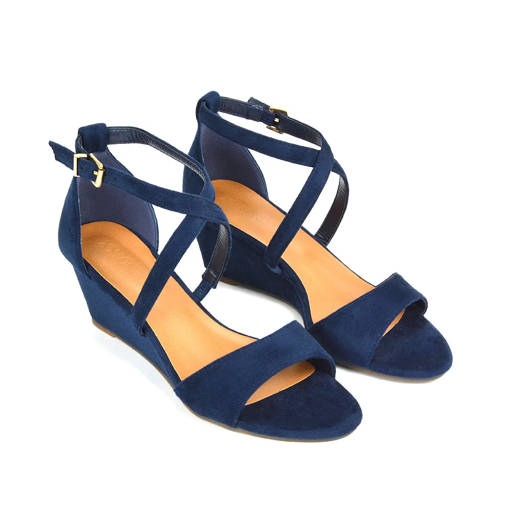 Lily Wedge Heel Ankle Strap Summer Holiday Sandals in Black Faux Suede