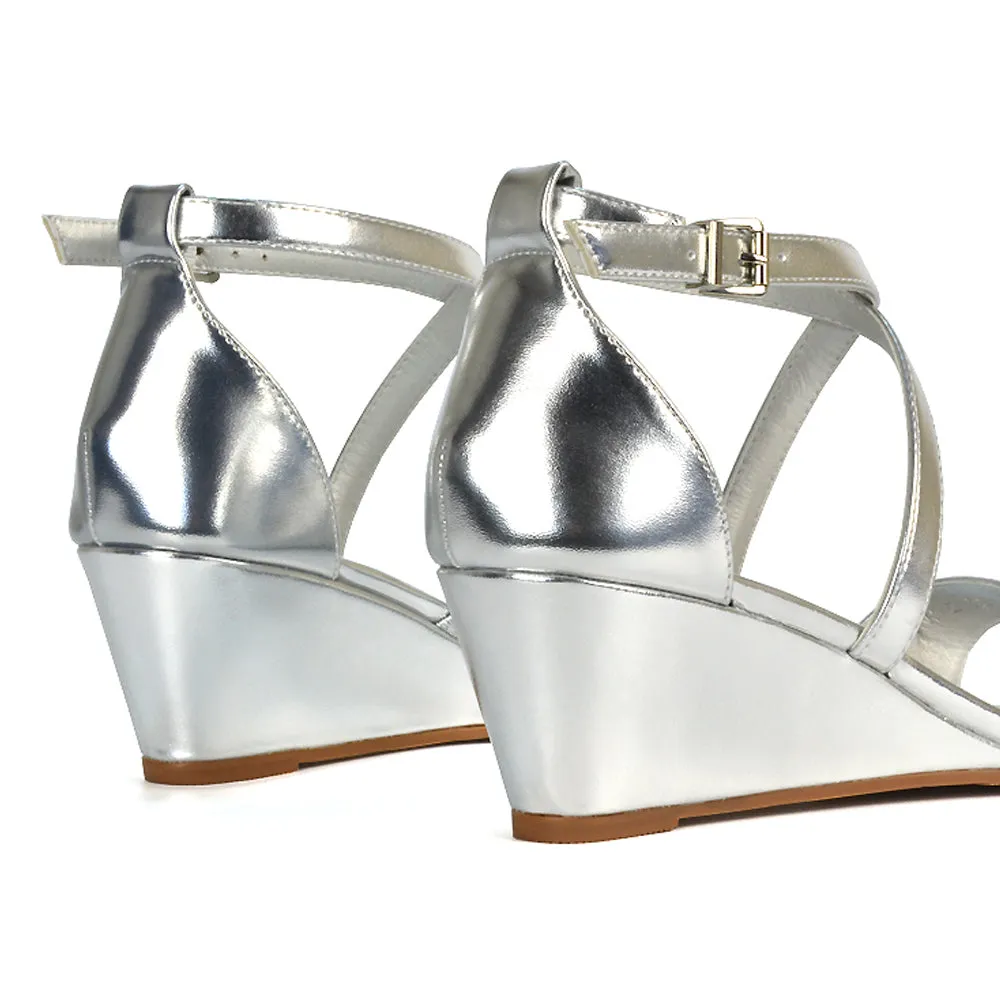 Lily Wedge Heel Ankle Strap Summer Holiday Sandals in Black Faux Suede