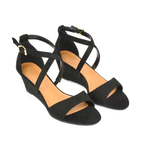 Lily Wedge Heel Ankle Strap Summer Holiday Sandals in Black Faux Suede