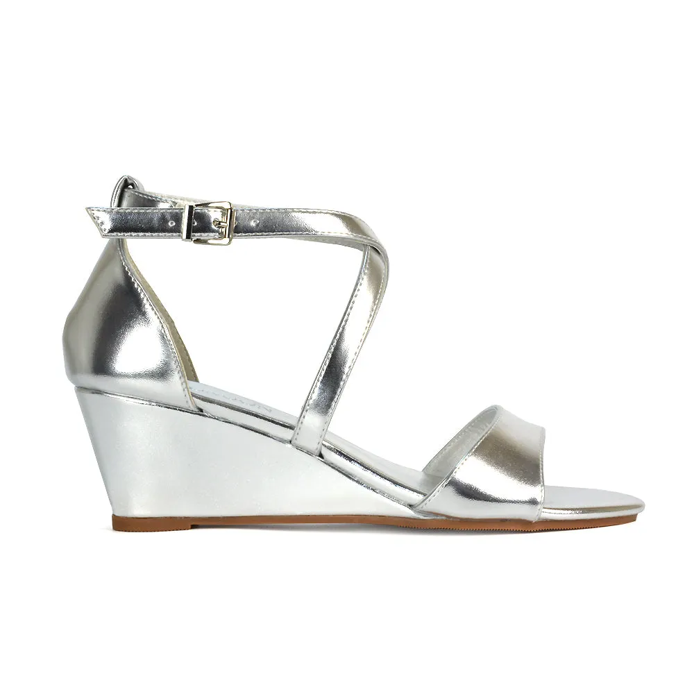 Lily Wedge Heel Ankle Strap Summer Holiday Sandals in Black Faux Suede