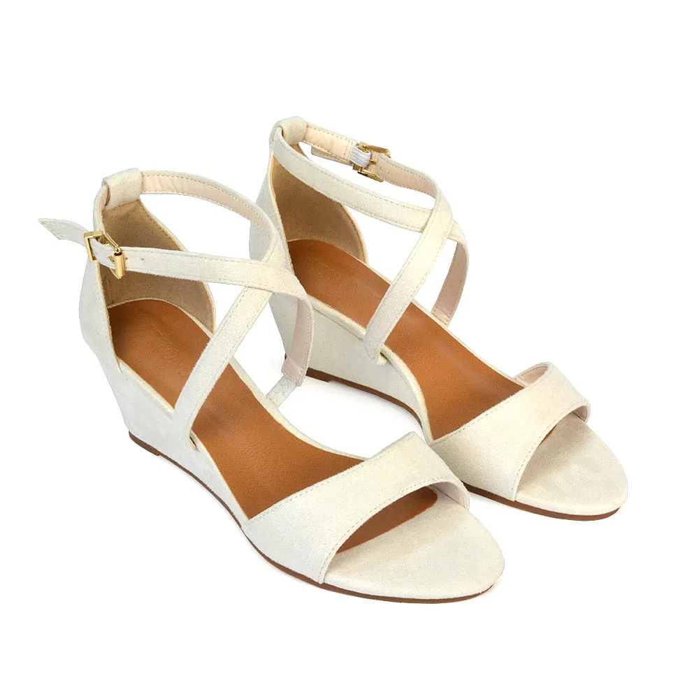 Lily Wedge Heel Ankle Strap Summer Holiday Sandals in Black Faux Suede