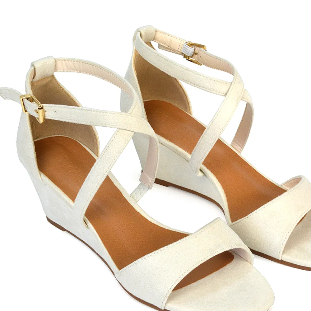 Lily Wedge Heel Ankle Strap Summer Holiday Sandals in Black Faux Suede