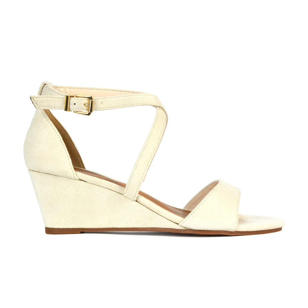 Lily Wedge Heel Ankle Strap Summer Holiday Sandals in Black Faux Suede