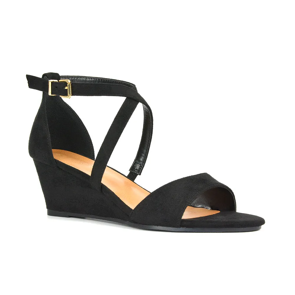 Lily Wedge Heel Ankle Strap Summer Holiday Sandals in Black Faux Suede