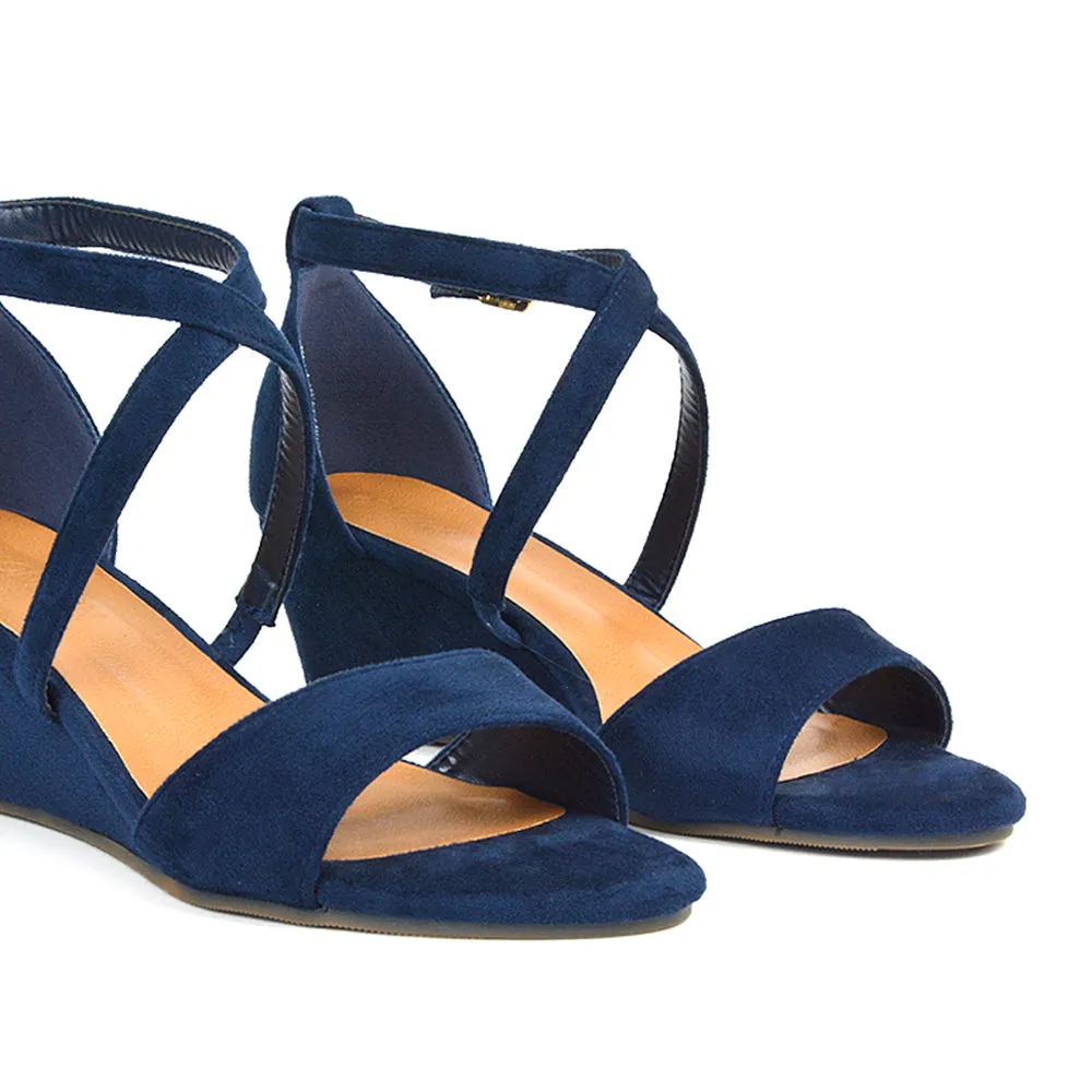 Lily Wedge Heel Ankle Strap Summer Holiday Sandals in Black Faux Suede