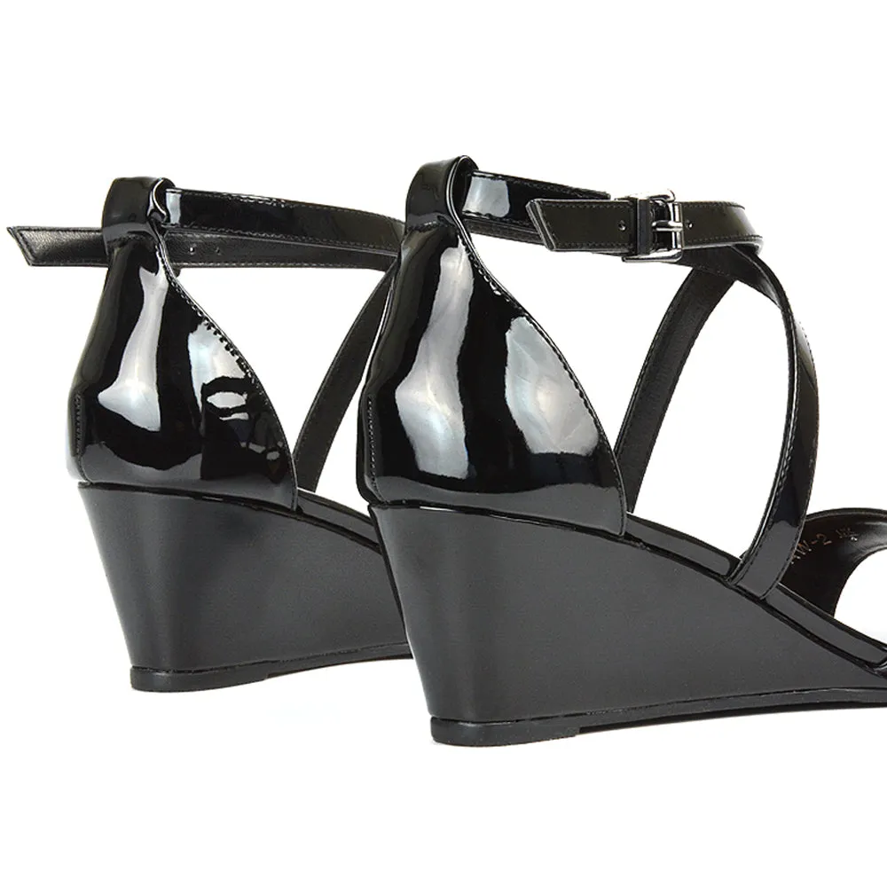 Lily Wedge Heel Ankle Strap Summer Holiday Sandals in Black Faux Suede