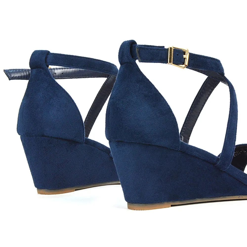 Lily Wedge Heel Ankle Strap Summer Holiday Sandals in Black Faux Suede