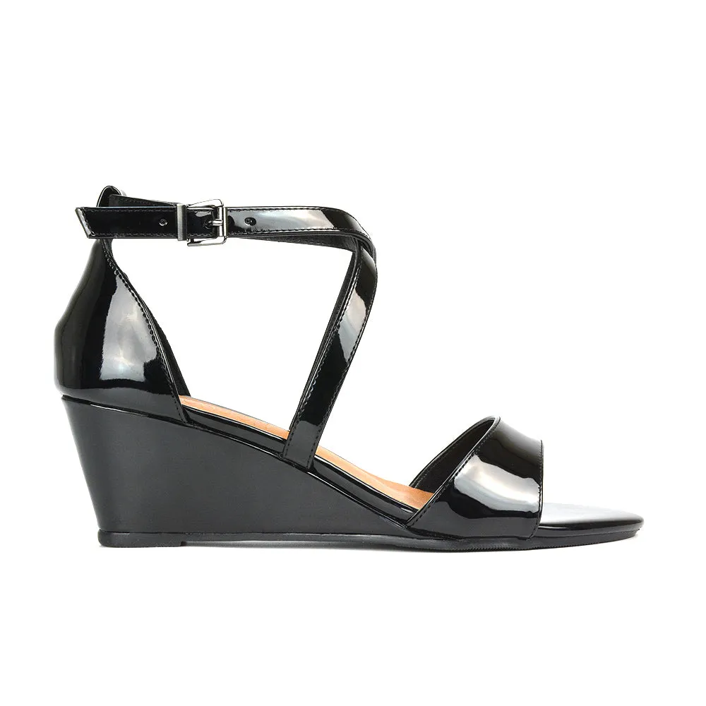 Lily Wedge Heel Ankle Strap Summer Holiday Sandals in Black Faux Suede