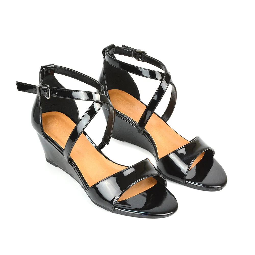 Lily Wedge Heel Ankle Strap Summer Holiday Sandals in Black Faux Suede