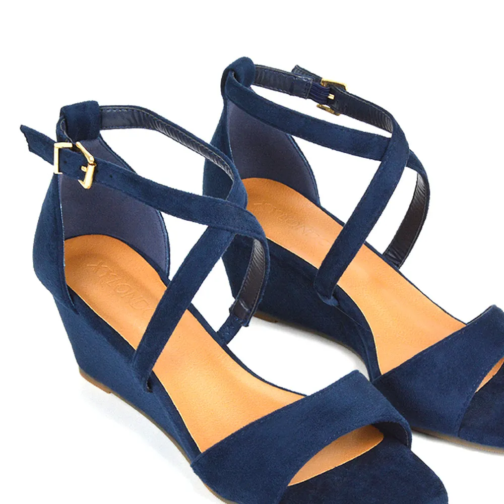 Lily Wedge Heel Ankle Strap Summer Holiday Sandals in Black Faux Suede