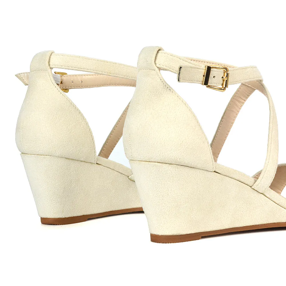 Lily Wedge Heel Ankle Strap Summer Holiday Sandals in Black Faux Suede