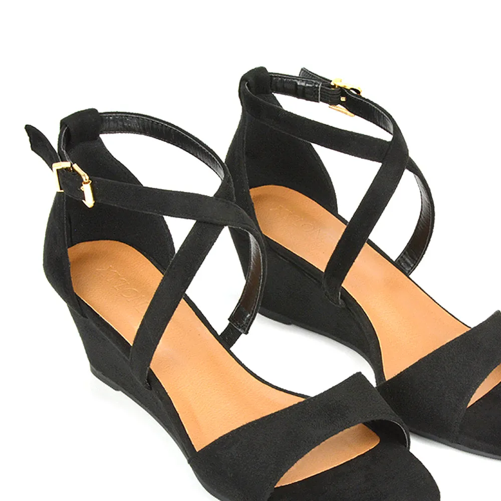 Lily Wedge Heel Ankle Strap Summer Holiday Sandals in Black Faux Suede