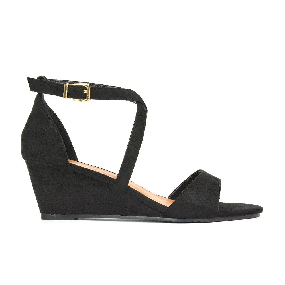 Lily Wedge Heel Ankle Strap Summer Holiday Sandals in Black Faux Suede
