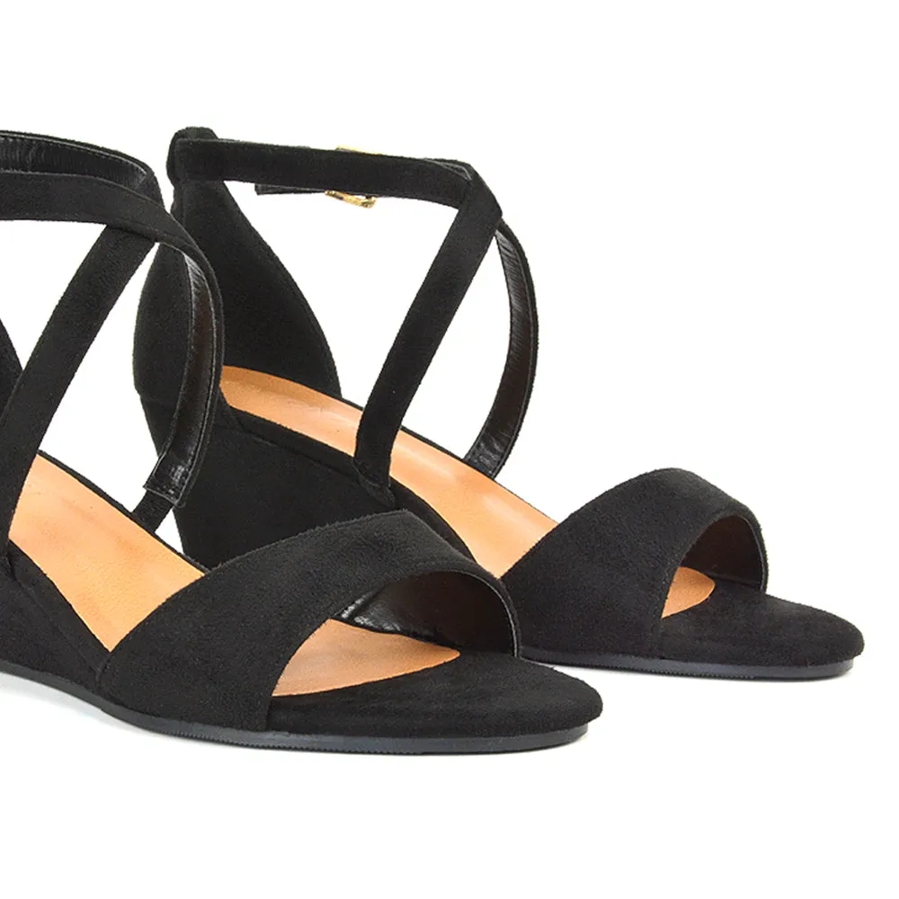 Lily Wedge Heel Ankle Strap Summer Holiday Sandals in Black Faux Suede