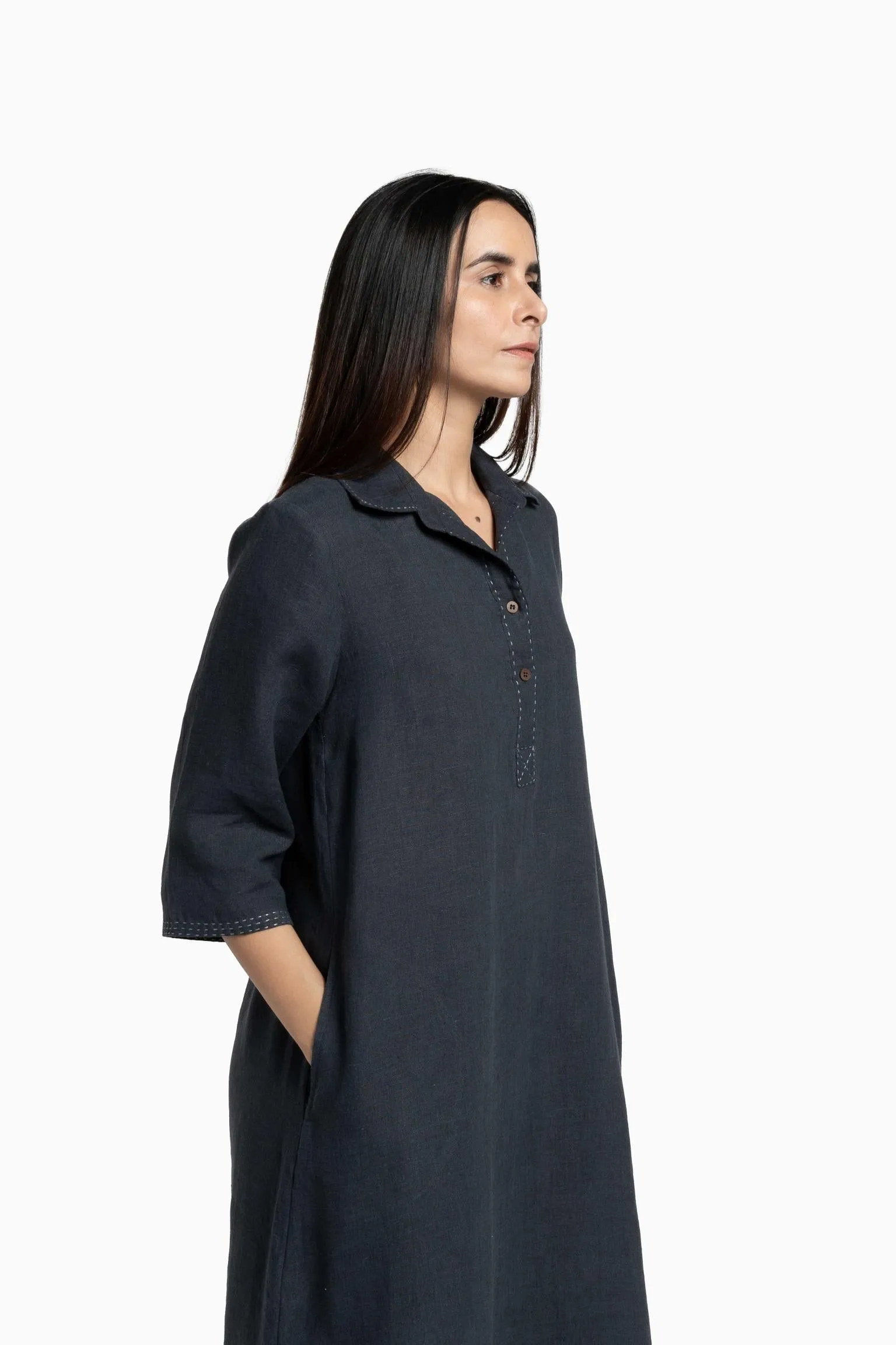 Linen Petunia Shirt Dress-Stormy Blue