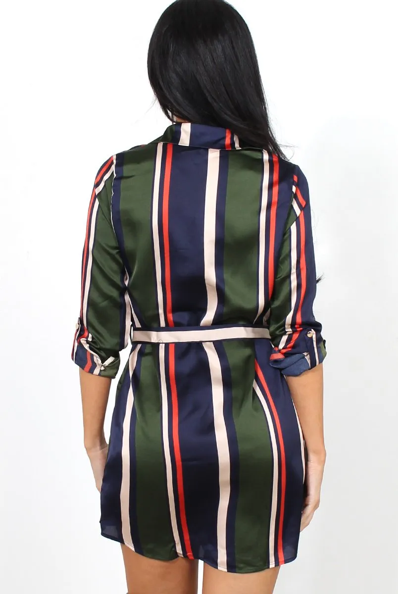 Lizzy Khaki Striped Shirt Dress