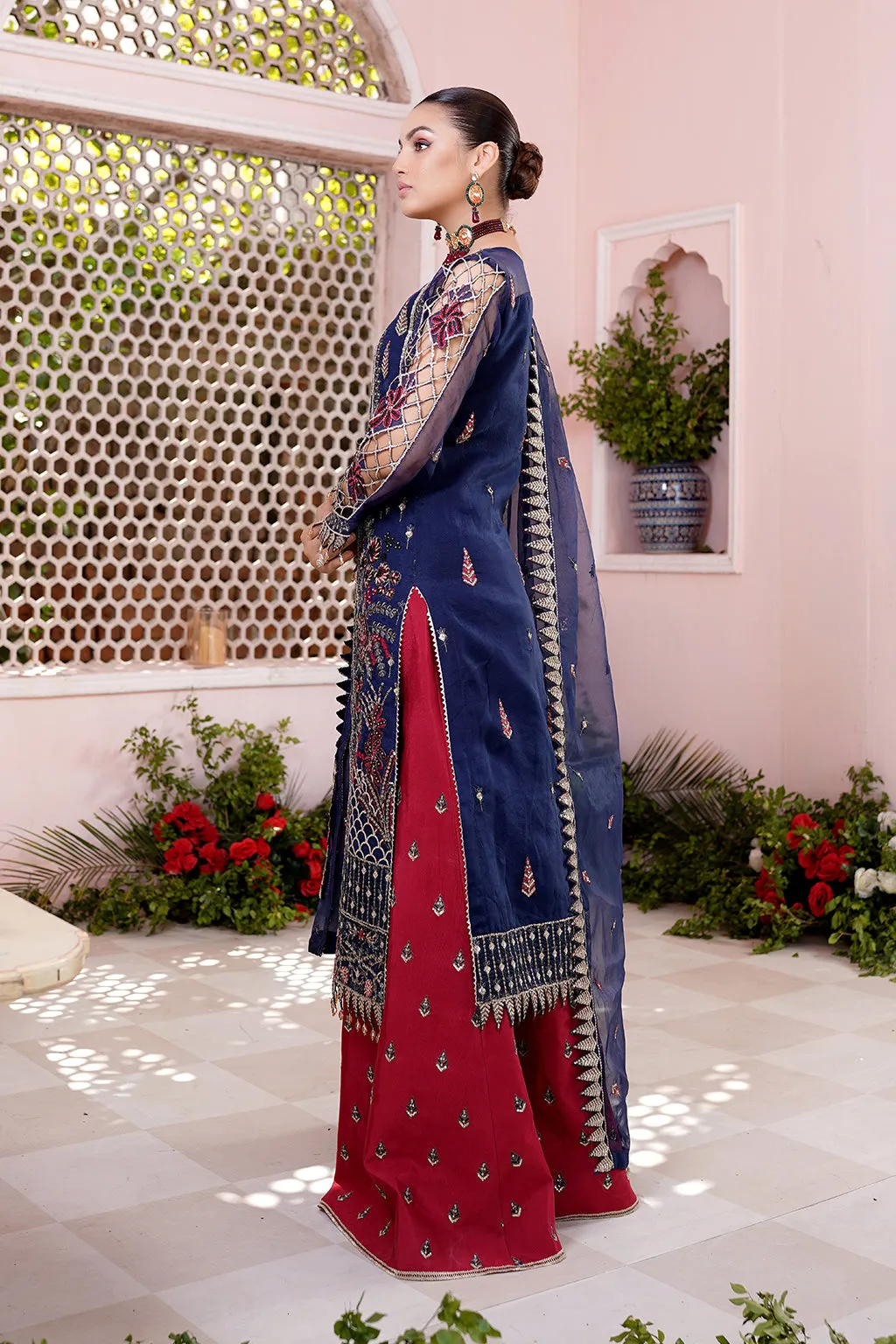 Luxury Blue Embroidered Pakistani Wedding Dress Salwar in Plazo Style