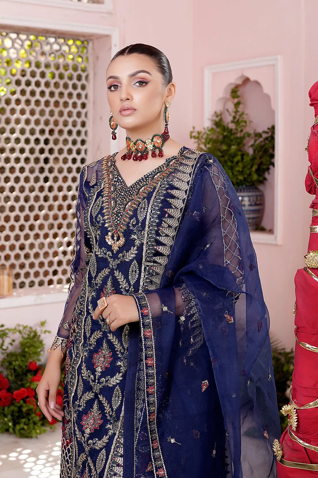 Luxury Blue Embroidered Pakistani Wedding Dress Salwar in Plazo Style