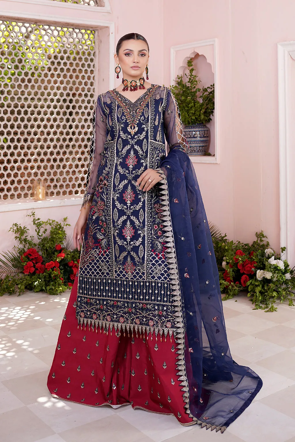 Luxury Blue Embroidered Pakistani Wedding Dress Salwar in Plazo Style
