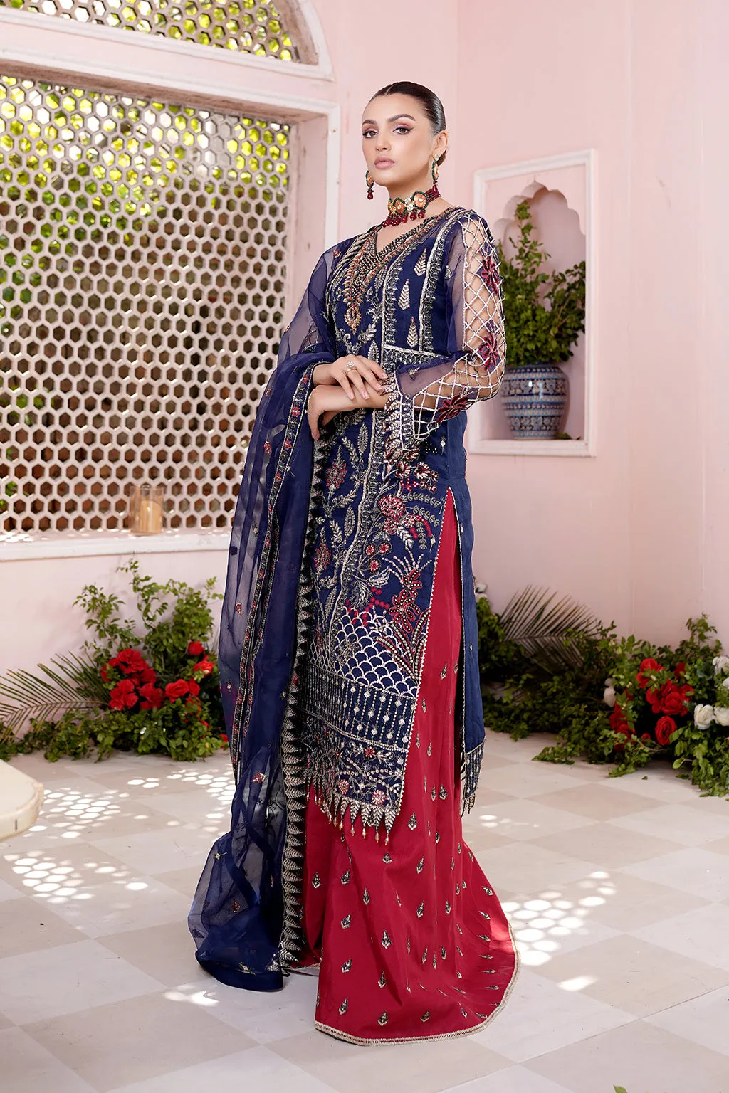 Luxury Blue Embroidered Pakistani Wedding Dress Salwar in Plazo Style