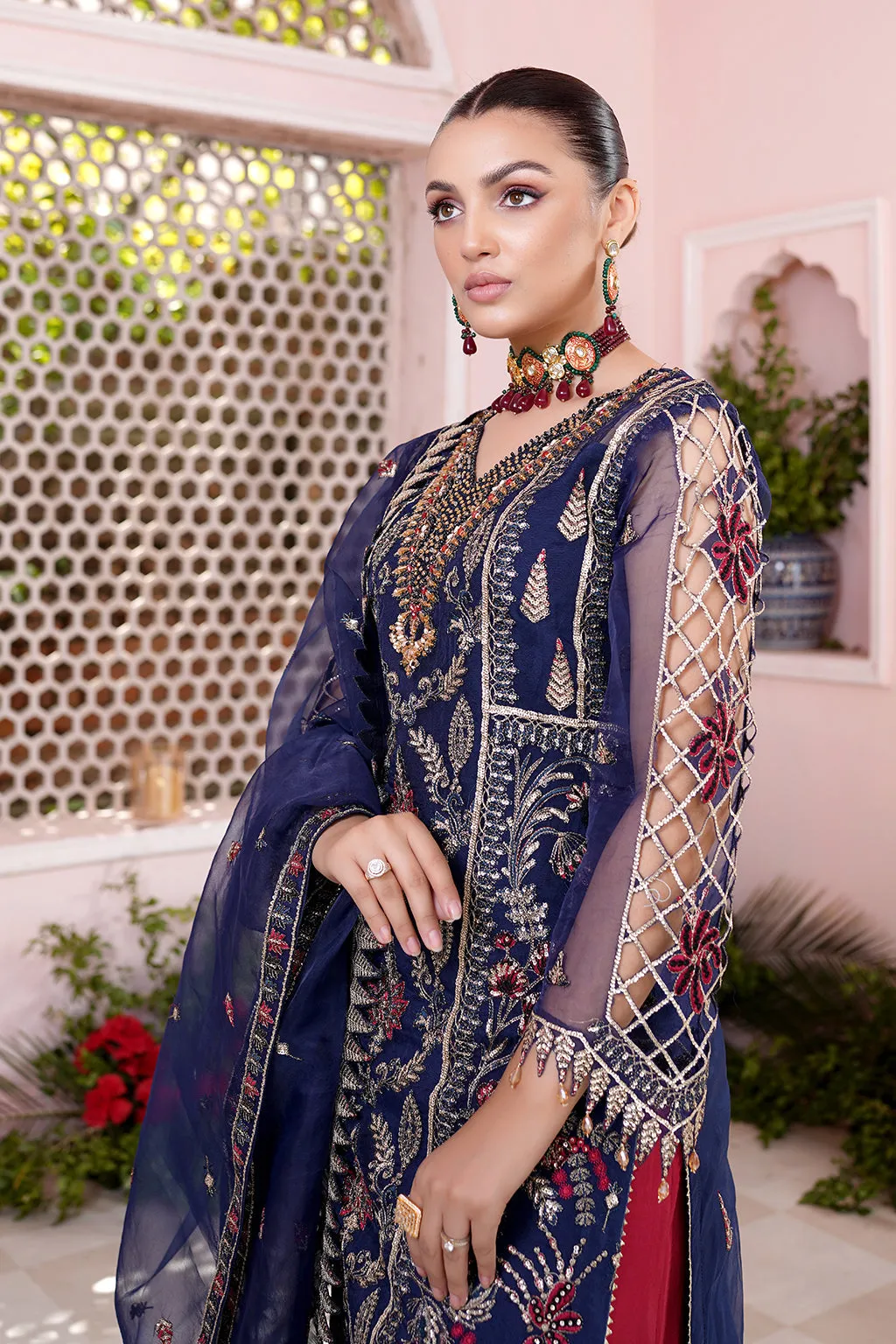 Luxury Blue Embroidered Pakistani Wedding Dress Salwar in Plazo Style