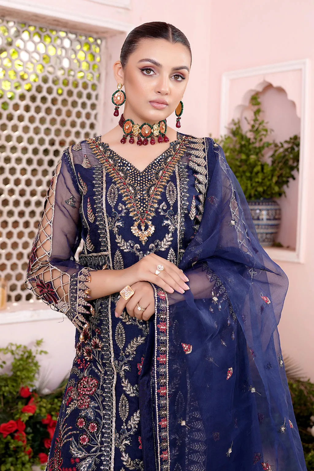 Luxury Blue Embroidered Pakistani Wedding Dress Salwar in Plazo Style