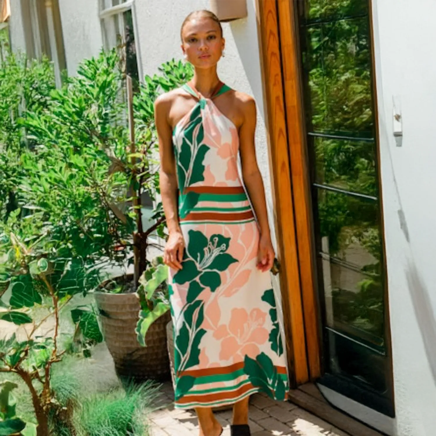 Lyra Border Halter Midi Dress