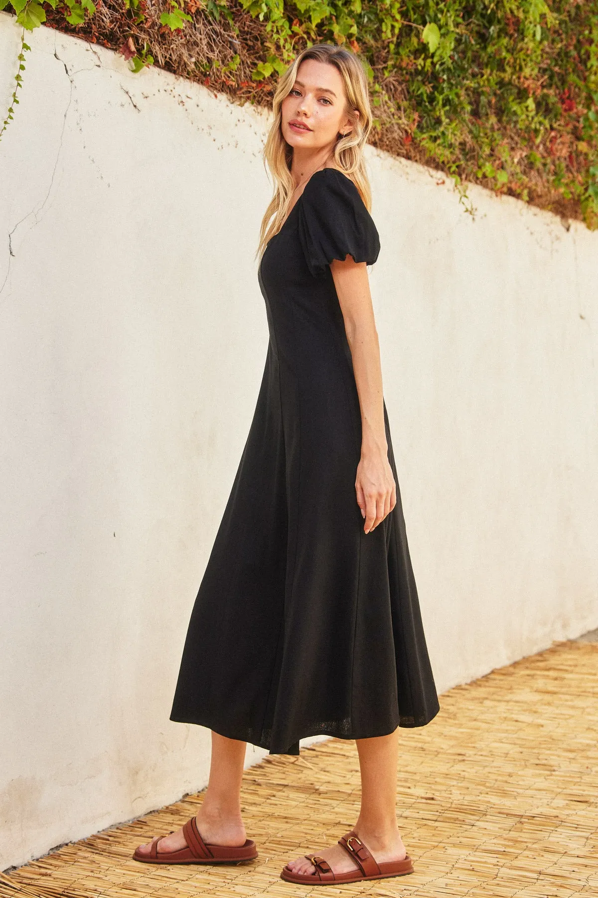 Lyra Linen Puff Sleeve Midi Dress