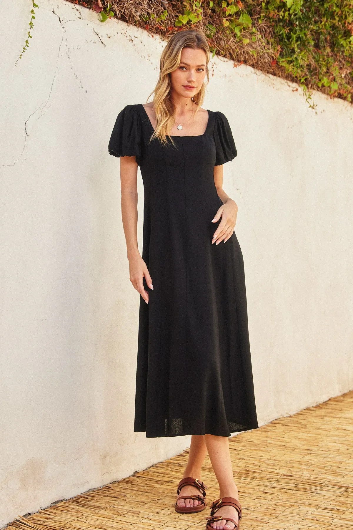 Lyra Linen Puff Sleeve Midi Dress