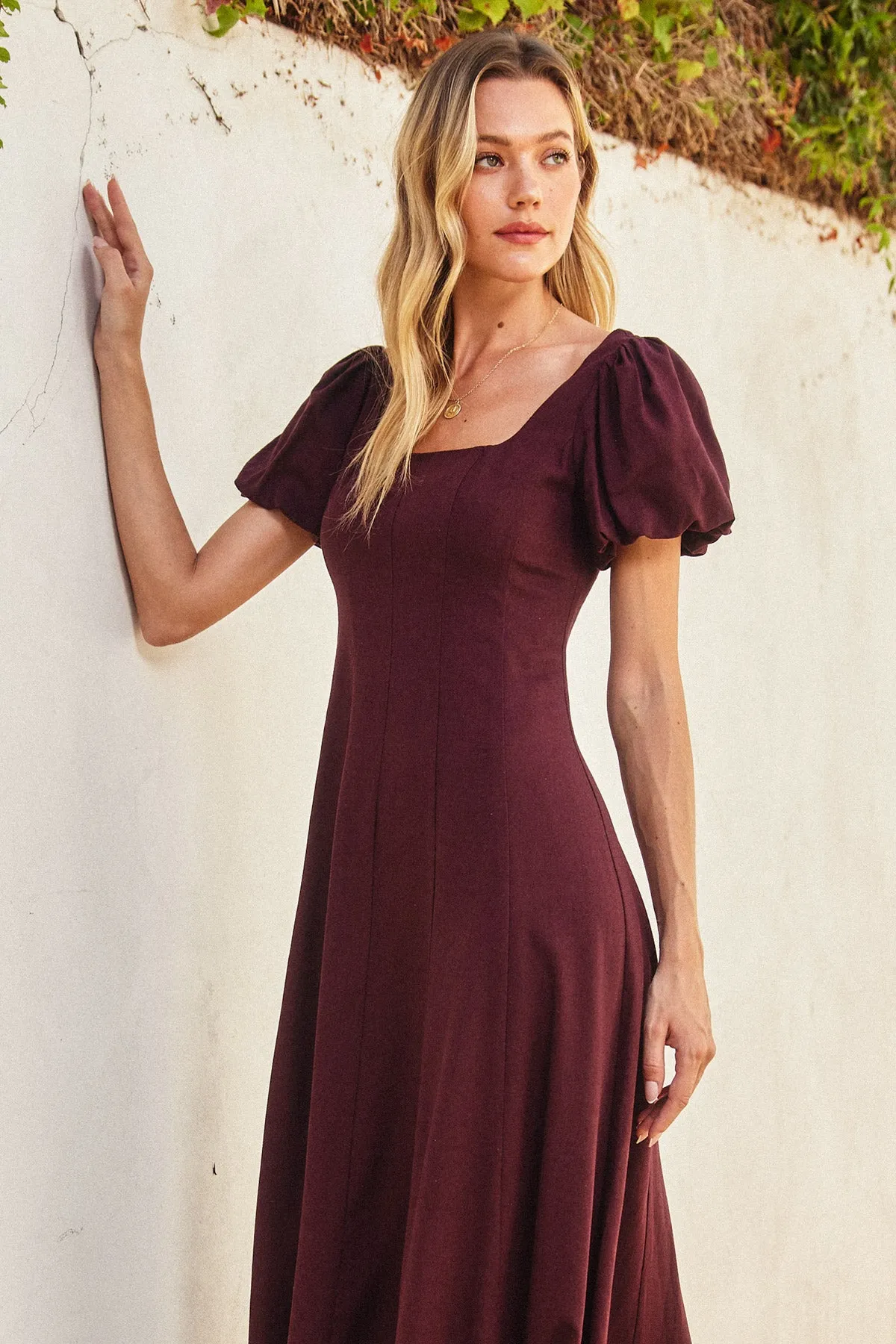 Lyra Linen Puff Sleeve Midi Dress