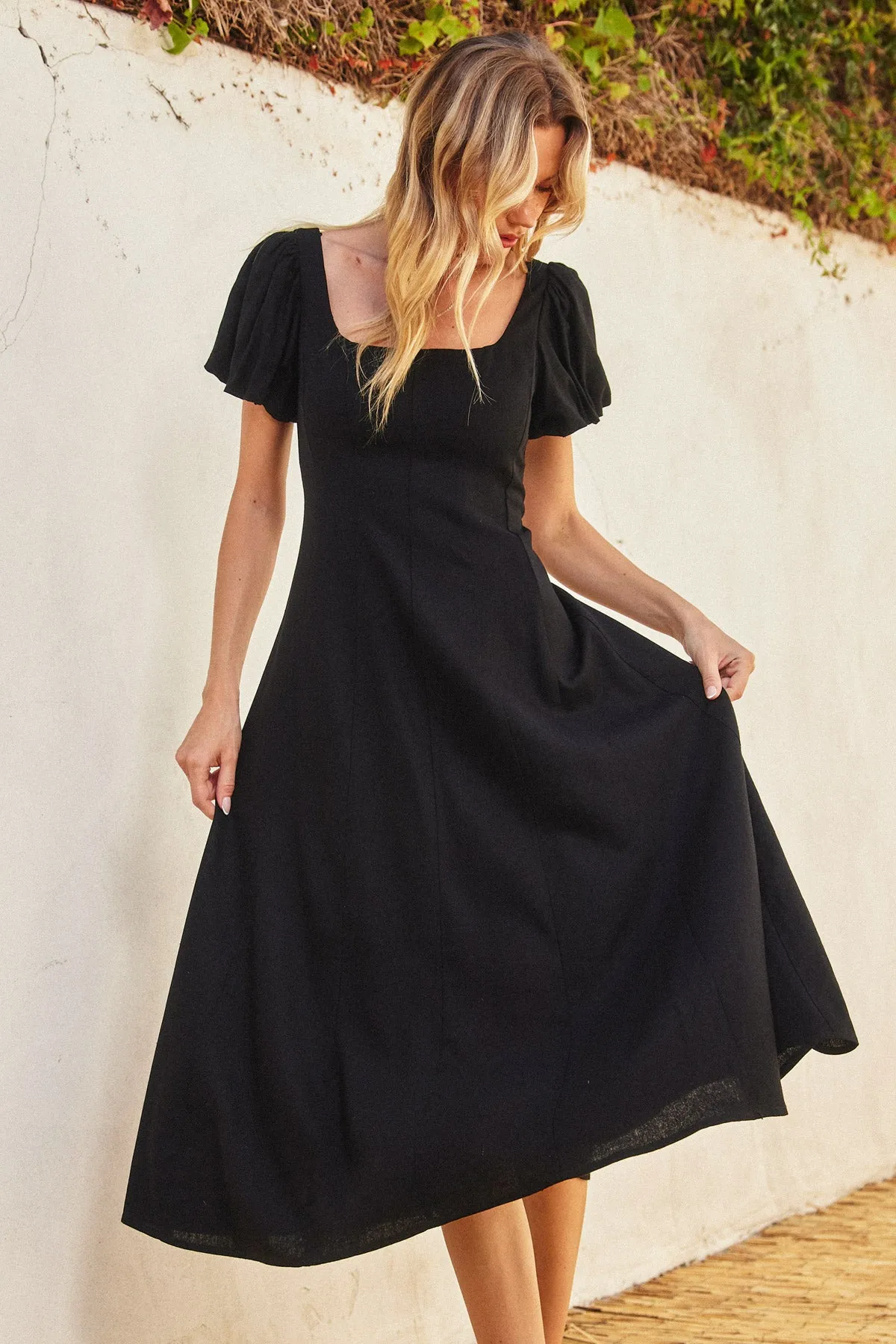 Lyra Linen Puff Sleeve Midi Dress