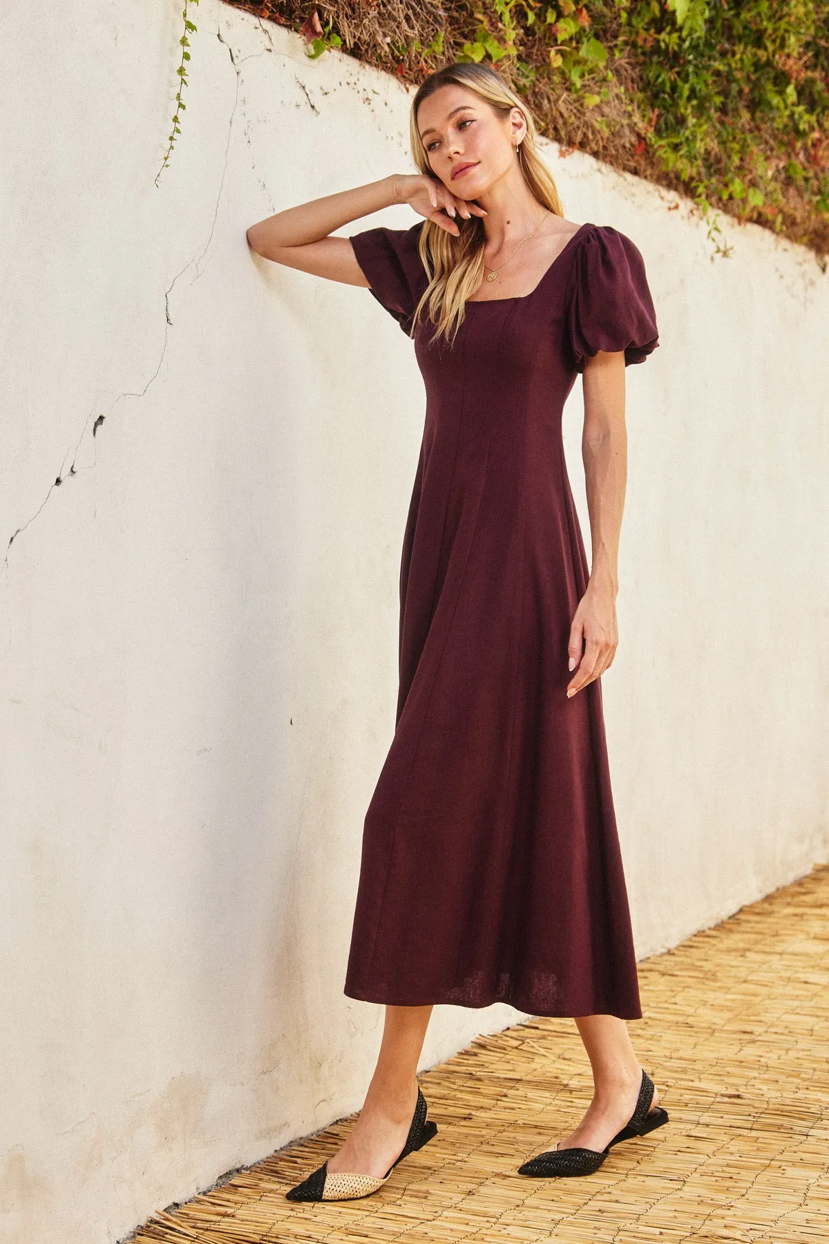 Lyra Linen Puff Sleeve Midi Dress