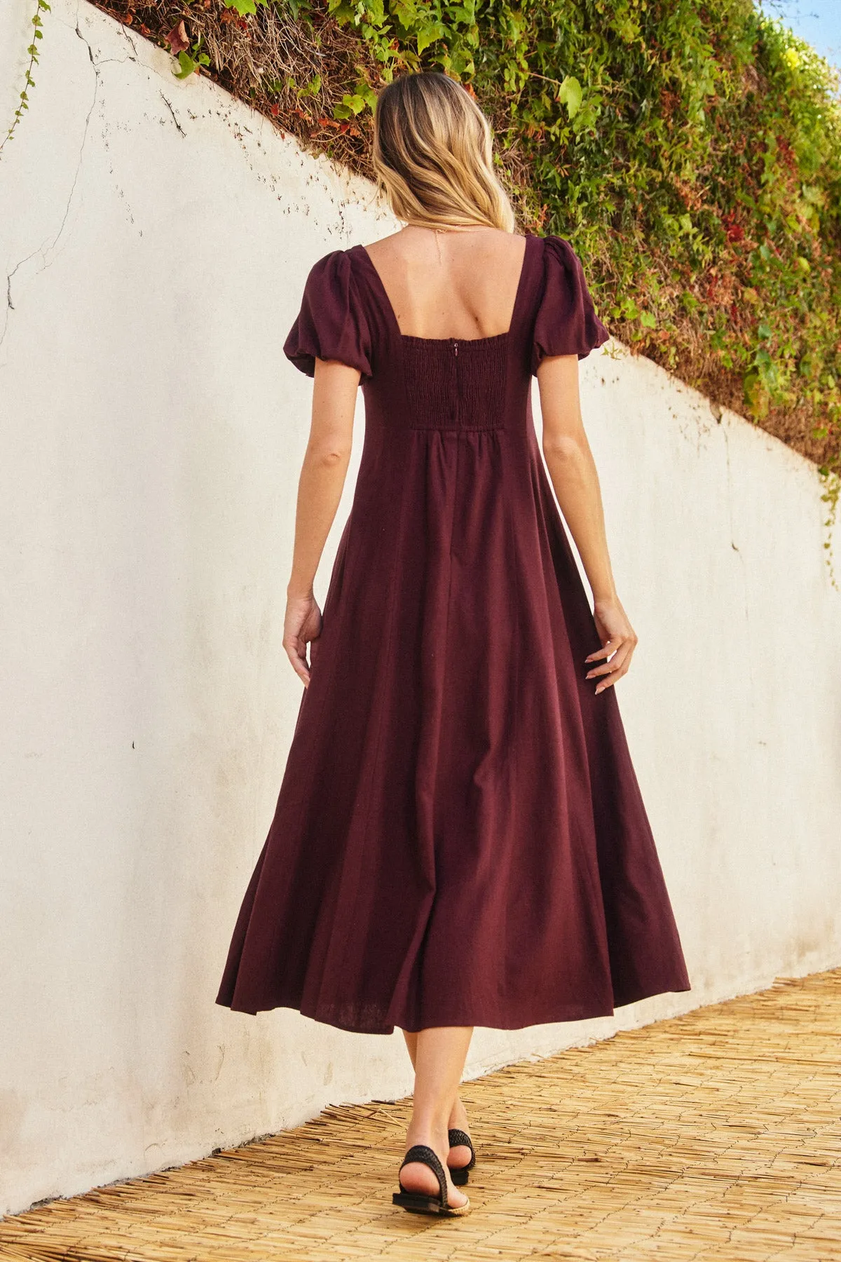 Lyra Linen Puff Sleeve Midi Dress